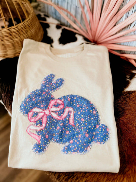 Floral Bunny With Bow | Handmade: L / Tee Shirt