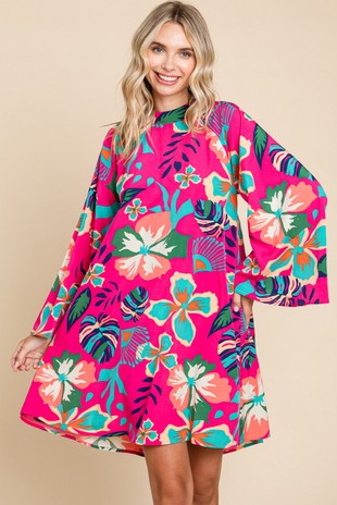 Flower Raglan Butterfly Sleeve Dress