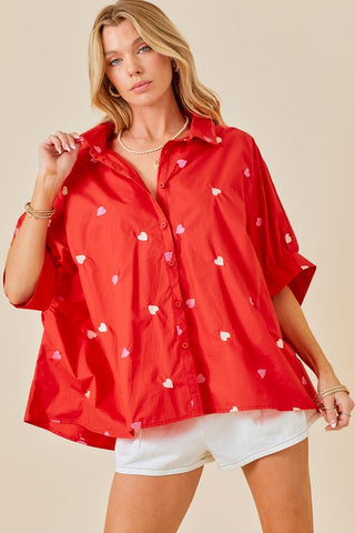 Heart Embroidered Oversized Button-Down Top