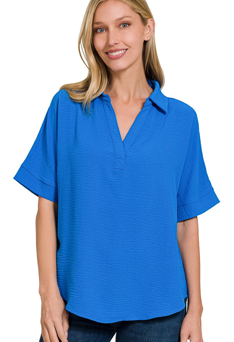 Woven Airflow Collared V-Neck Top