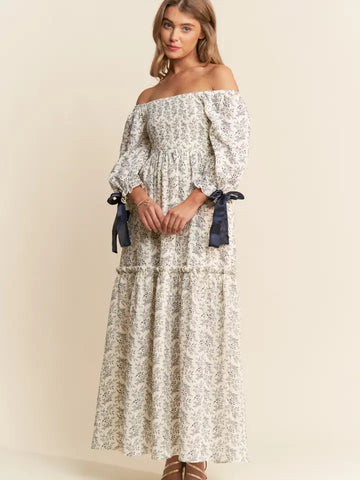 Floral Print Ribbon Sleeve Dress