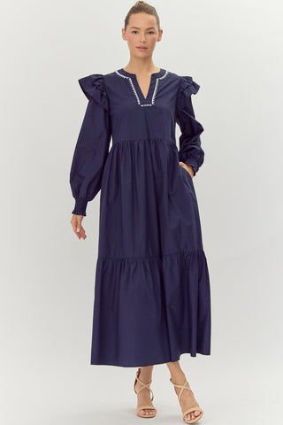 Navy Ruffly Shoulder Maxi