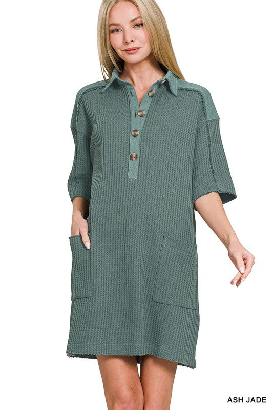 Waffle Half-Button Dress w/pockets