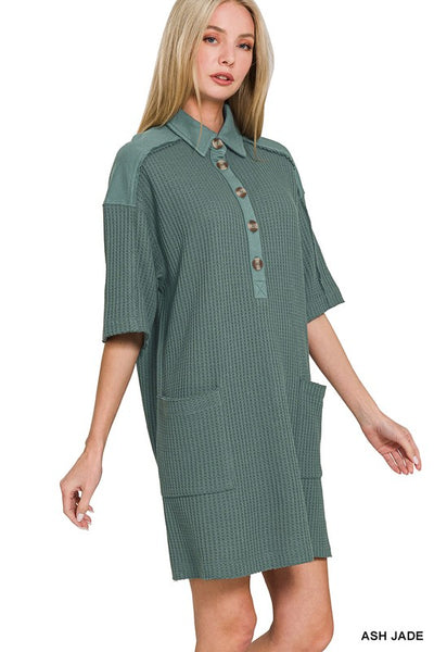 Waffle Half-Button Dress w/pockets