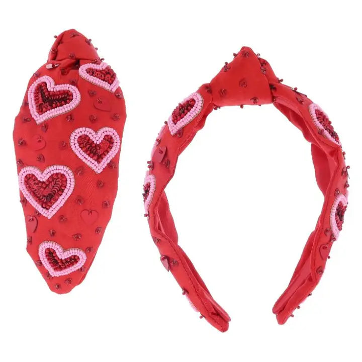 Pink & Red Beaded & Sequin Hearts On Red Knotted Headband