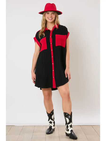 Red & Black Color Block Dress