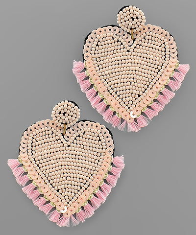 Fringe Beaded Heart Earrings